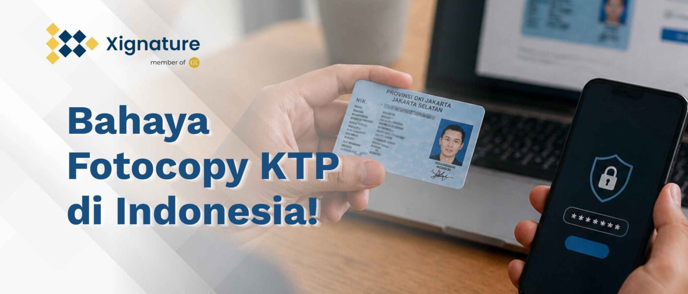 Ilustrasi seseorang memegang KTP di depan laptop dan smartphone dengan ikon gembok keamanan, menggambarkan risiko fotocopy KTP dan pentingnya identitas digital.