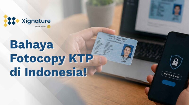 Ilustrasi seseorang memegang KTP di depan laptop dan smartphone dengan ikon gembok keamanan, menggambarkan risiko fotocopy KTP dan pentingnya identitas digital.