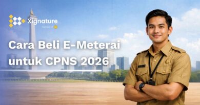 Pria berseragam PNS dengan latar belakang Monas dan teks Cara Beli E-Meterai untuk CPNS 2026 Xignature.