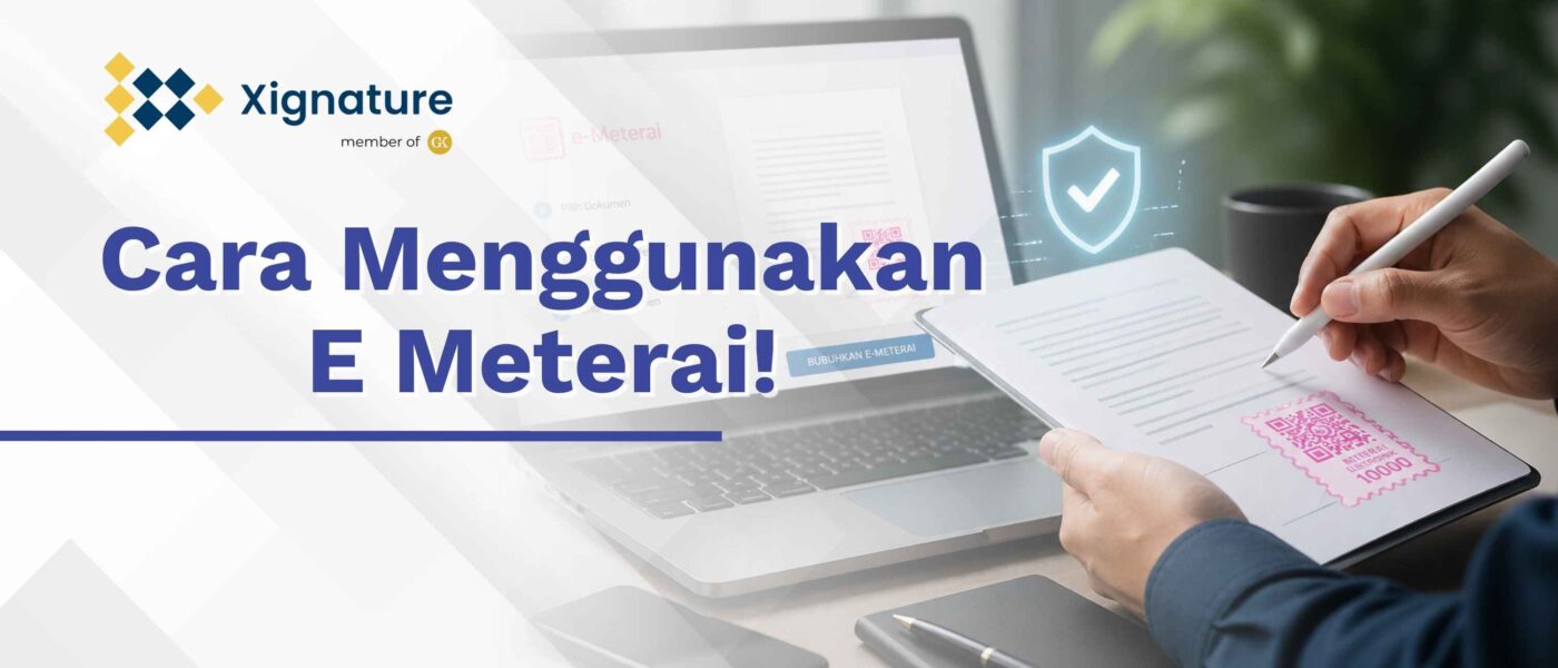Ilustrasi cara menggunakan e-meterai pada dokumen digital menggunakan laptop dan tanda tangan elektronik yang aman.