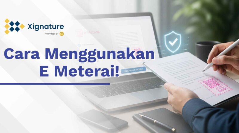 Ilustrasi cara menggunakan e-meterai pada dokumen digital menggunakan laptop dan tanda tangan elektronik yang aman.