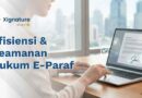 Ilustrasi seorang profesional sedang memproses dokumen menggunakan e-paraf pada laptop dengan perlindungan keamanan hukum digital di lingkungan kantor modern.