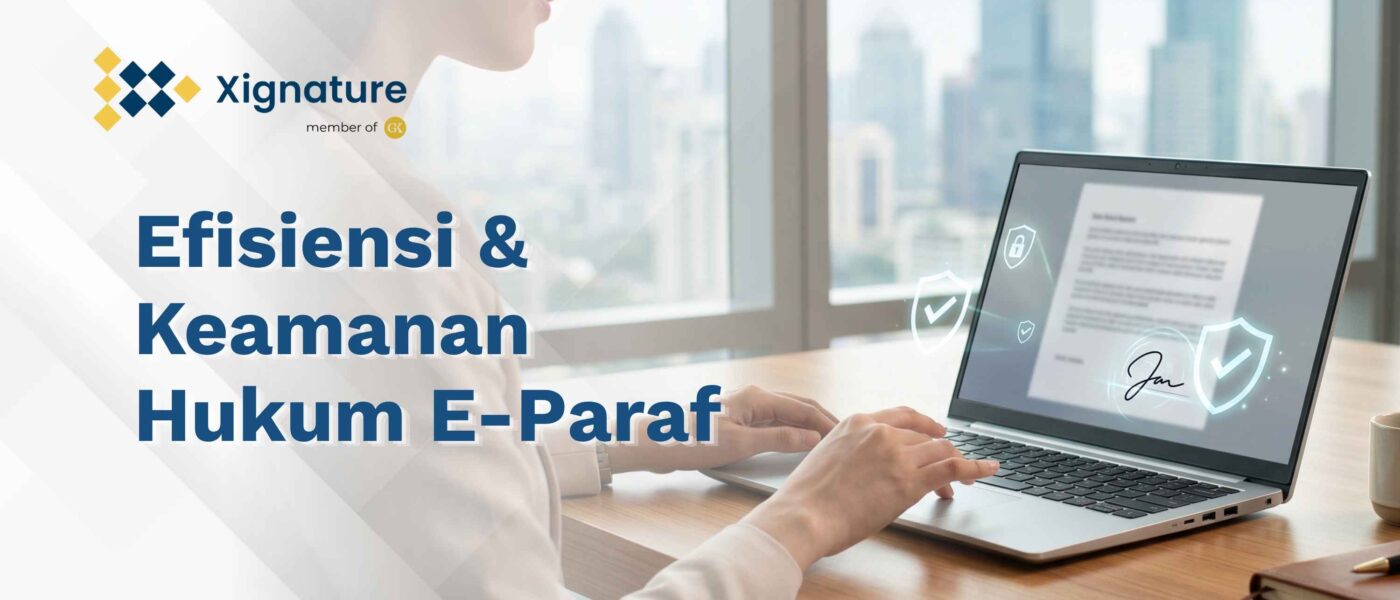 Ilustrasi seorang profesional sedang memproses dokumen menggunakan e-paraf pada laptop dengan perlindungan keamanan hukum digital di lingkungan kantor modern.
