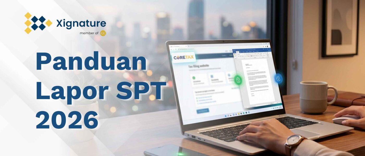 Ilustrasi seseorang sedang mengakses portal Coretax di laptop untuk lapor SPT Tahunan 2026 dengan sistem keamanan dokumen digital yang terenkripsi.
