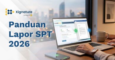 Ilustrasi seseorang sedang mengakses portal Coretax di laptop untuk lapor SPT Tahunan 2026 dengan sistem keamanan dokumen digital yang terenkripsi.