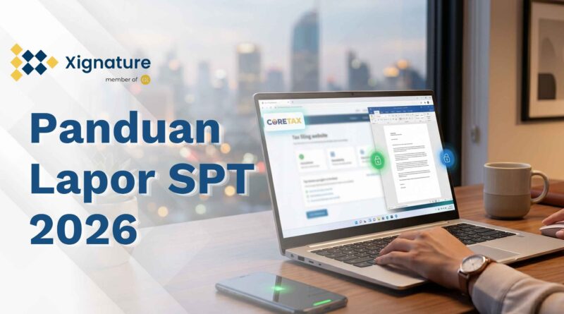 Ilustrasi seseorang sedang mengakses portal Coretax di laptop untuk lapor SPT Tahunan 2026 dengan sistem keamanan dokumen digital yang terenkripsi.