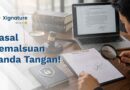 Ilustrasi analisis hukum pasal pemalsuan tanda tangan dengan latar belakang timbangan keadilan, palu hakim, dan dokumen digital yang aman.