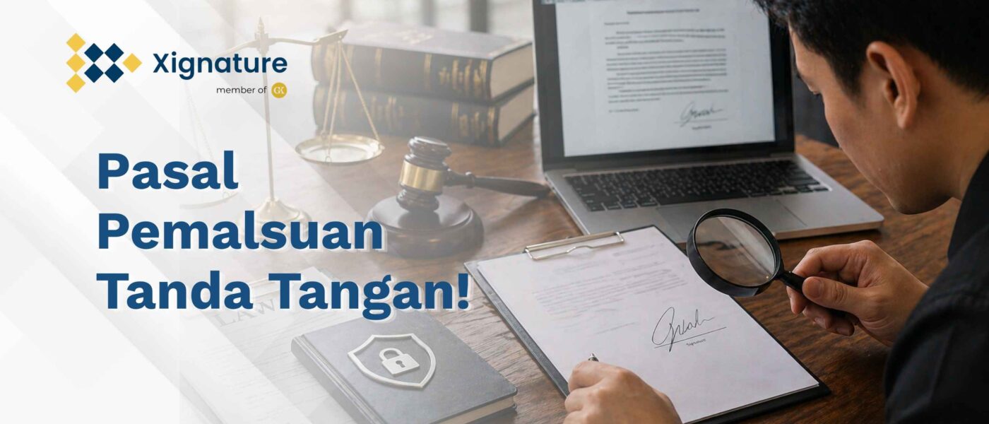 Ilustrasi analisis hukum pasal pemalsuan tanda tangan dengan latar belakang timbangan keadilan, palu hakim, dan dokumen digital yang aman.