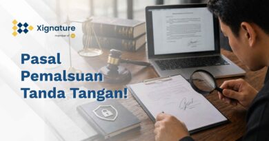 Ilustrasi analisis hukum pasal pemalsuan tanda tangan dengan latar belakang timbangan keadilan, palu hakim, dan dokumen digital yang aman.
