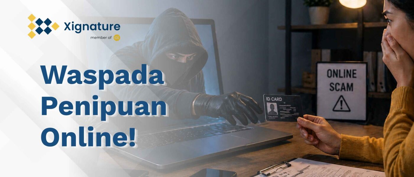 Ilustrasi seseorang yang menjadi korban penipuan online melalui dokumen digital, menunjukkan risiko pencurian identitas dan fraud.