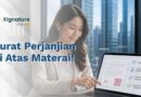 Seorang wanita profesional menunjuk layar laptop yang menampilkan dokumen surat perjanjian digital dengan e-Meterai dan tanda tangan elektronik beserta langkah alur pembuatannya.