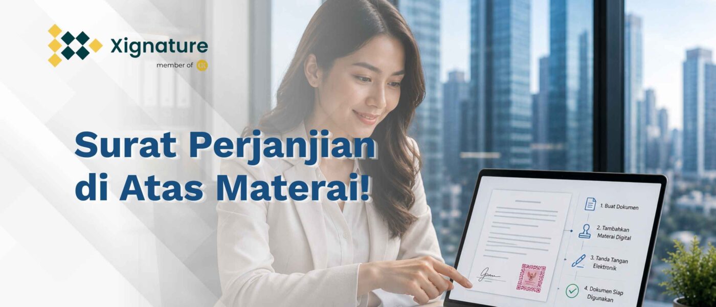 Seorang wanita profesional menunjuk layar laptop yang menampilkan dokumen surat perjanjian digital dengan e-Meterai dan tanda tangan elektronik beserta langkah alur pembuatannya.