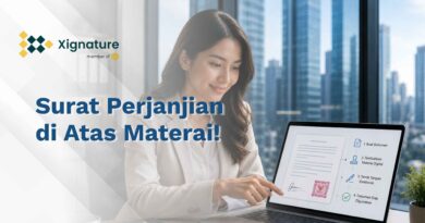 Seorang wanita profesional menunjuk layar laptop yang menampilkan dokumen surat perjanjian digital dengan e-Meterai dan tanda tangan elektronik beserta langkah alur pembuatannya.