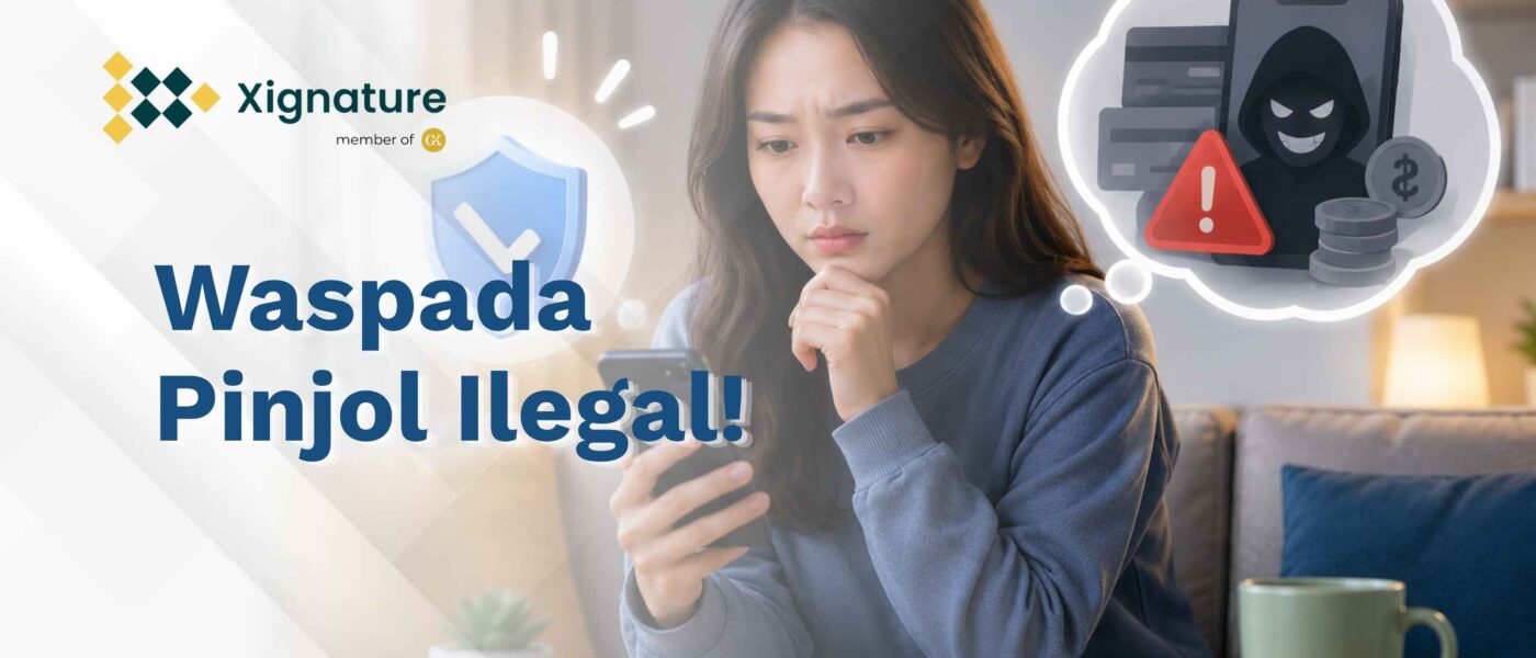 Ilustrasi seorang wanita tampak cemas memperhatikan smartphone, memikirkan risiko ancaman penipuan pinjol ilegal dan penyalahgunaan data e-KTP oleh oknum tidak bertanggung jawab.