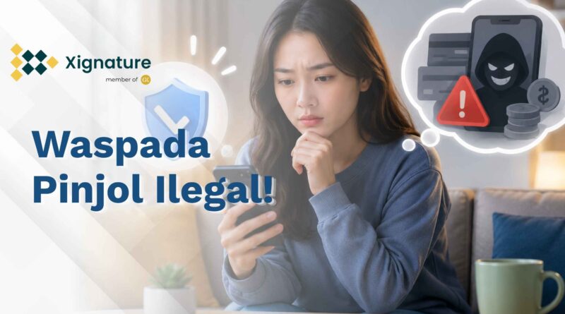 Ilustrasi seorang wanita tampak cemas memperhatikan smartphone, memikirkan risiko ancaman penipuan pinjol ilegal dan penyalahgunaan data e-KTP oleh oknum tidak bertanggung jawab.
