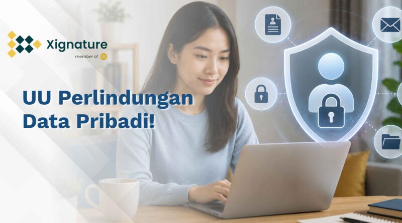Seorang wanita menggunakan laptop dengan visualisasi perisai pelindung data personal, gembok keamanan, dan ikon privasi sebagai ilustrasi UU Perlindungan Data Pribadi.