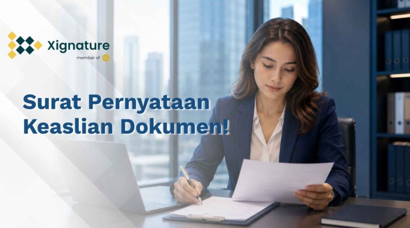 Seorang wanita profesional mengenakan blazer biru sedang meneliti dokumen fisik di meja kerja kantor sebelum menandatangani surat pernyataan keaslian dokumen.