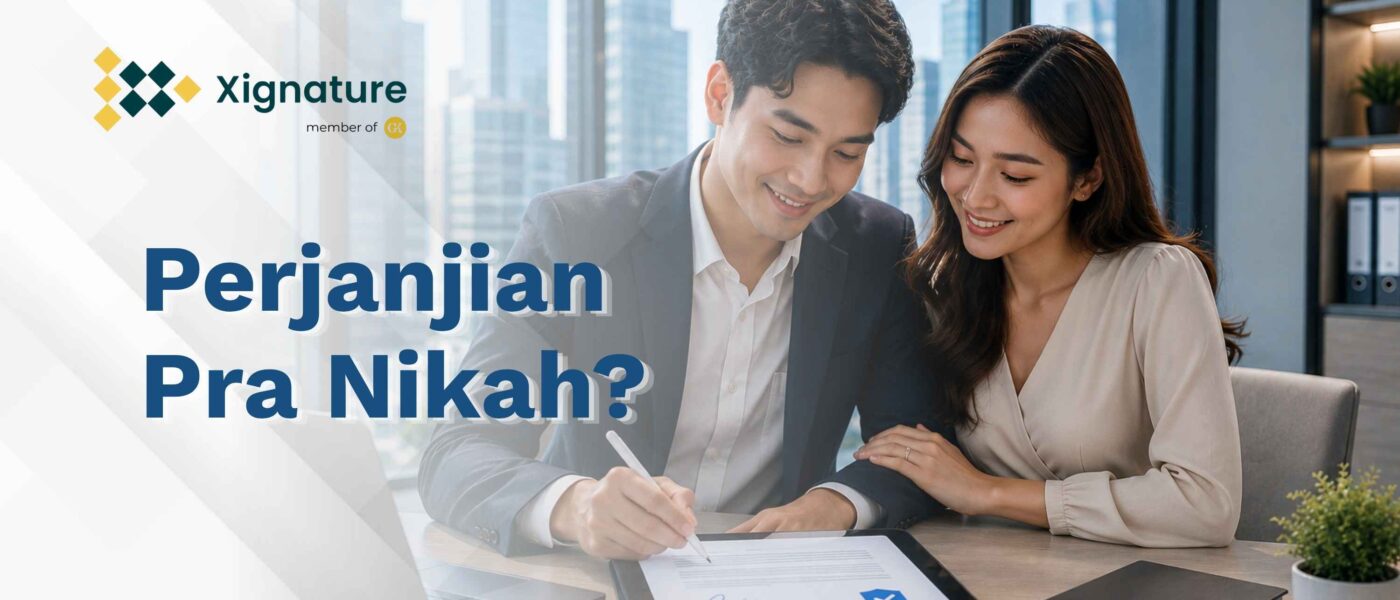 Sepasang kekasih calon pengantin modern tersenyum bersama saat pria menandatangani dokumen draf perjanjian pra nikah menggunakan pena digital di atas tablet.