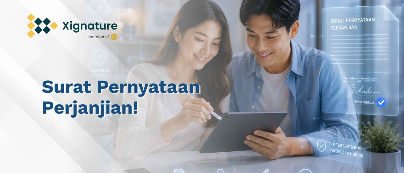 Sepasang pria dan wanita tersenyum bersama saat menandatangani draf dokumen surat pernyataan perjanjian digital menggunakan stylus pen di atas tablet.