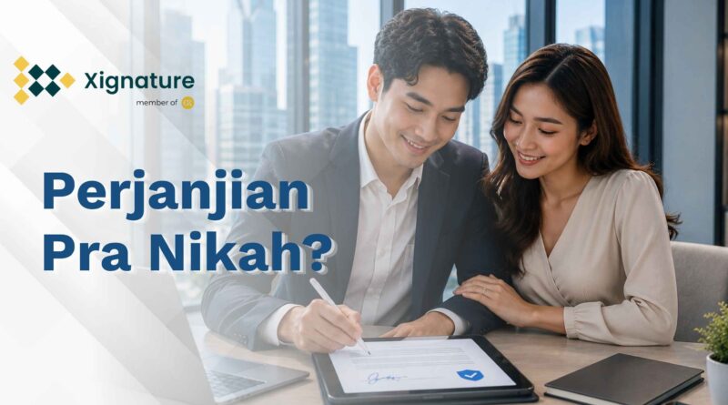 Sepasang kekasih calon pengantin modern tersenyum bersama saat pria menandatangani dokumen draf perjanjian pra nikah menggunakan pena digital di atas tablet.