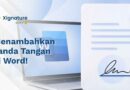 Ilustrasi cara menambahkan tanda tangan di Microsoft Word menggunakan laptop dengan visualisasi dokumen yang ditandatangani memakai pena digital.