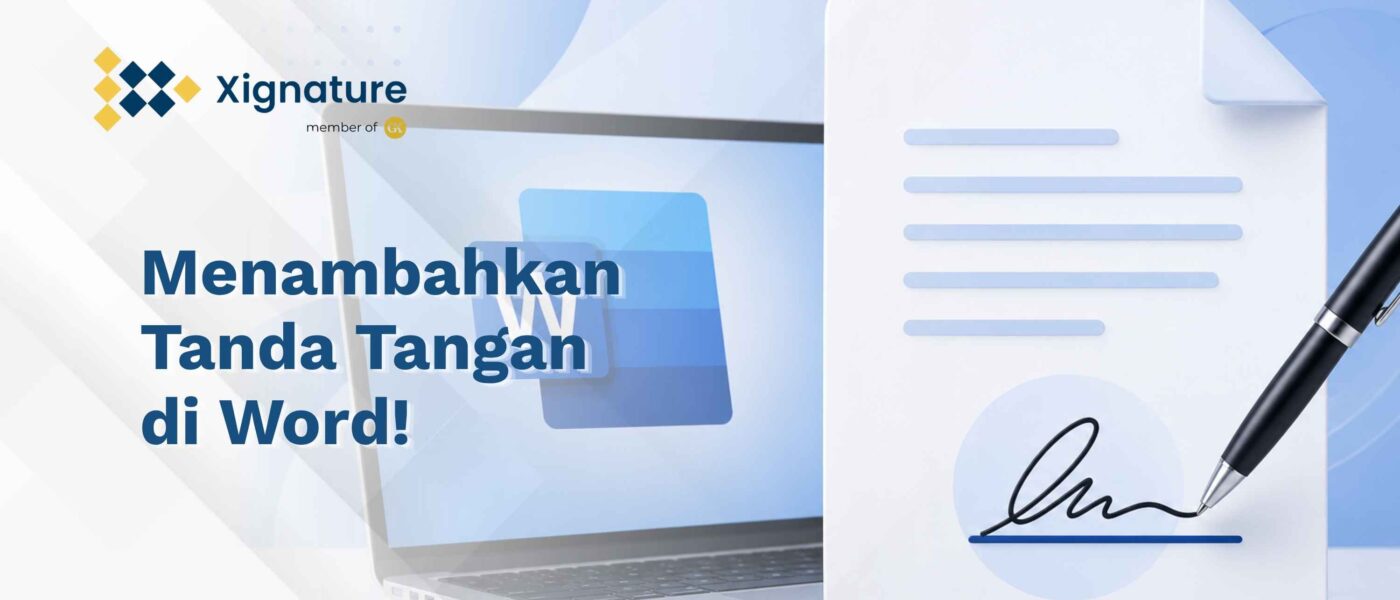 Ilustrasi cara menambahkan tanda tangan di Microsoft Word menggunakan laptop dengan visualisasi dokumen yang ditandatangani memakai pena digital.