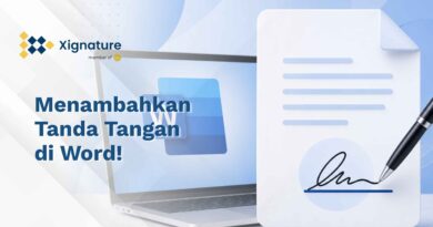 Ilustrasi cara menambahkan tanda tangan di Microsoft Word menggunakan laptop dengan visualisasi dokumen yang ditandatangani memakai pena digital.
