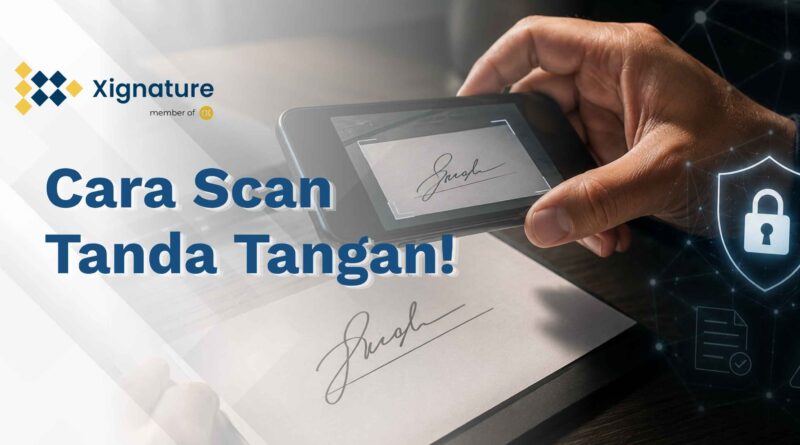 Seseorang menggunakan kamera smartphone untuk memindai atau mengambil gambar tanda tangan basah di atas kertas dokumen.