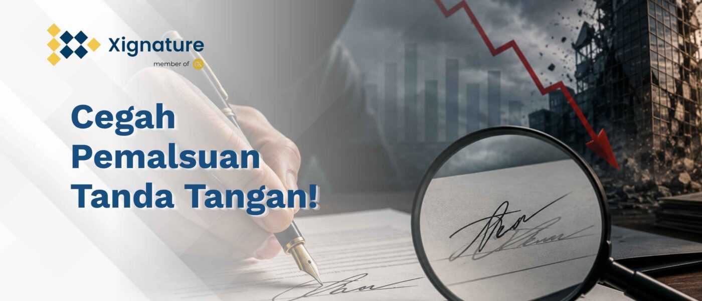 Ilustrasi pemalsuan tanda tangan konvensional yang diperiksa menggunakan kaca pembesar di samping grafik penurunan bisnis yang hancur akibat fraud dokumen.
