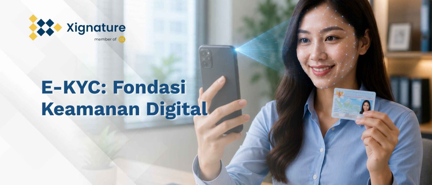 Ilustrasi proses verifikasi identitas menggunakan teknologi E-KYC dengan fitur pemindaian wajah biometrik (face recognition) dan pencocokan data e-KTP yang aman.