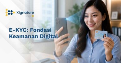 Ilustrasi proses verifikasi identitas menggunakan teknologi E-KYC dengan fitur pemindaian wajah biometrik (face recognition) dan pencocokan data e-KTP yang aman.