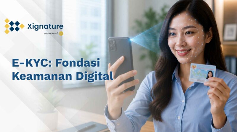 Ilustrasi proses verifikasi identitas menggunakan teknologi E-KYC dengan fitur pemindaian wajah biometrik (face recognition) dan pencocokan data e-KTP yang aman.