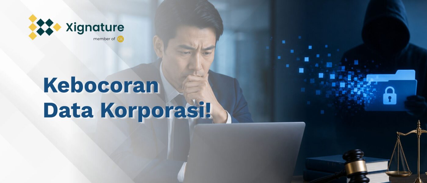 Ilustrasi seorang pebisnis cemas di depan laptop menghadapi ancaman kebocoran data korporasi oleh hacker di samping simbol palu hakim sebagai risiko hukum.