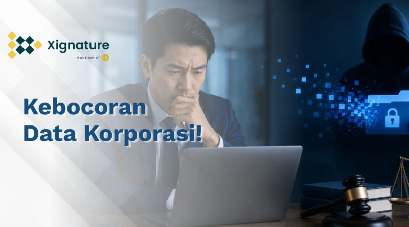 Ilustrasi seorang pebisnis cemas di depan laptop menghadapi ancaman kebocoran data korporasi oleh hacker di samping simbol palu hakim sebagai risiko hukum.