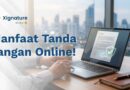 Seorang profesional sedang menggunakan fitur tanda tangan online pada dokumen digital di laptop dengan verifikasi keamanan yang sah.