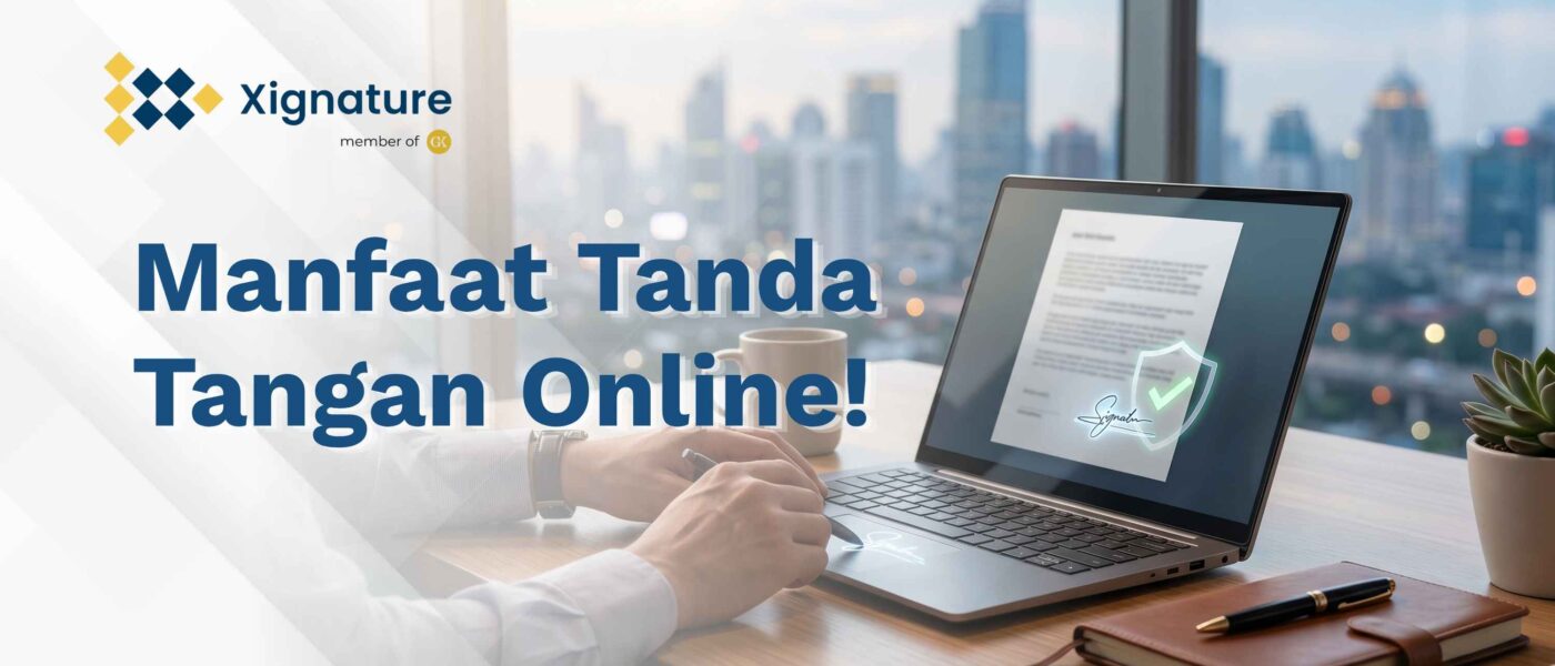 Seorang profesional sedang menggunakan fitur tanda tangan online pada dokumen digital di laptop dengan verifikasi keamanan yang sah.