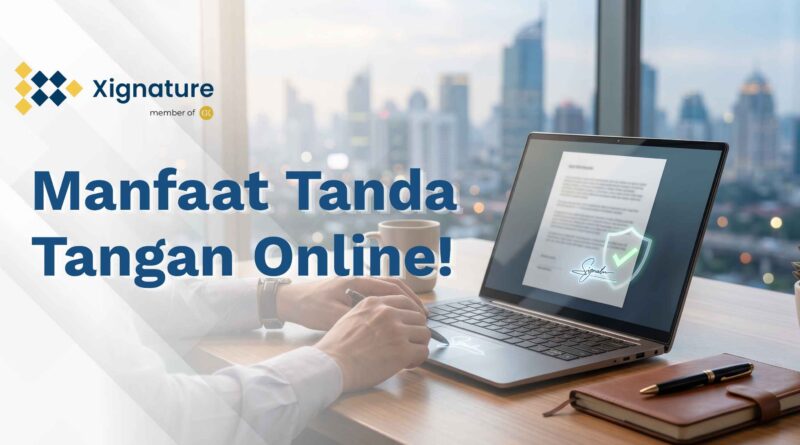 Seorang profesional sedang menggunakan fitur tanda tangan online pada dokumen digital di laptop dengan verifikasi keamanan yang sah.