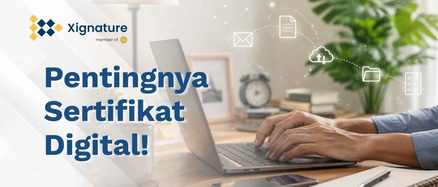 Ilustrasi seseorang sedang bekerja dengan laptop untuk mengelola dokumen elektronik yang dilindungi oleh sertifikat digital demi menjamin legalitas hukum.