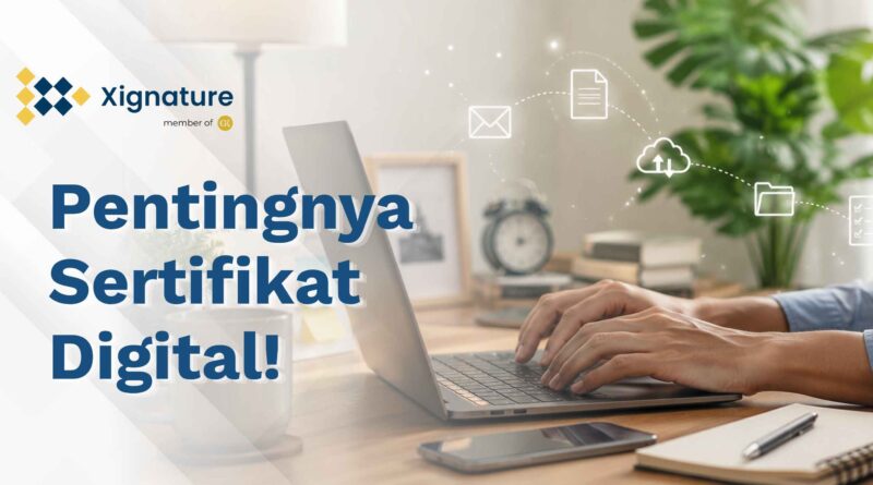 Ilustrasi seseorang sedang bekerja dengan laptop untuk mengelola dokumen elektronik yang dilindungi oleh sertifikat digital demi menjamin legalitas hukum.