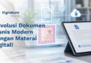 Ilustrasi penggunaan materai digital (e-meterai) pada dokumen bisnis di tablet yang sudah dilengkapi tanda tangan elektronik tersertifikasi dan sistem keamanan siber.