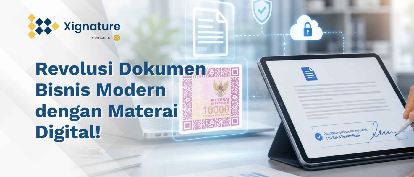 Ilustrasi penggunaan materai digital (e-meterai) pada dokumen bisnis di tablet yang sudah dilengkapi tanda tangan elektronik tersertifikasi dan sistem keamanan siber.