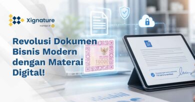 Ilustrasi penggunaan materai digital (e-meterai) pada dokumen bisnis di tablet yang sudah dilengkapi tanda tangan elektronik tersertifikasi dan sistem keamanan siber.