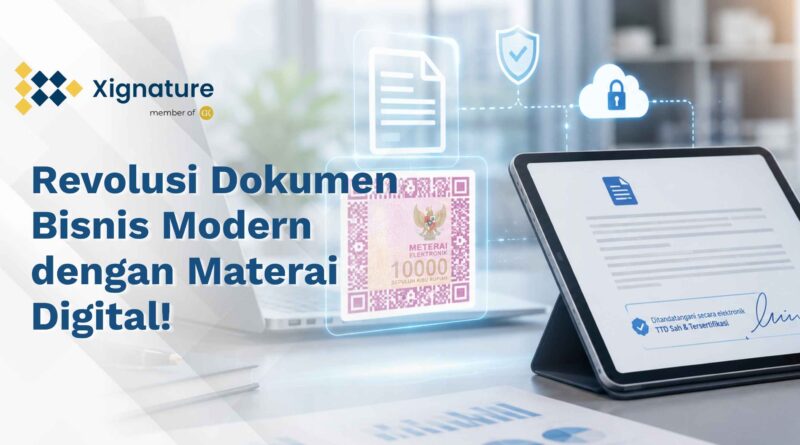 Ilustrasi penggunaan materai digital (e-meterai) pada dokumen bisnis di tablet yang sudah dilengkapi tanda tangan elektronik tersertifikasi dan sistem keamanan siber.