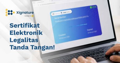 Tampilan sertifikat elektronik pada layar laptop sebagai segel kriptografi yang menjamin legalitas dan keabsahan tanda tangan digital di platform Xignature.