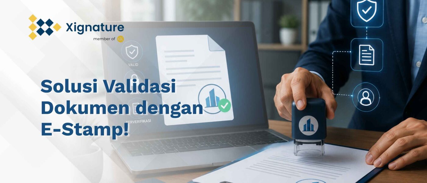 Ilustrasi penggunaan E-Stamp atau stempel digital untuk validasi dokumen perusahaan pada laptop dan dokumen fisik yang menjamin keamanan serta keaslian data.