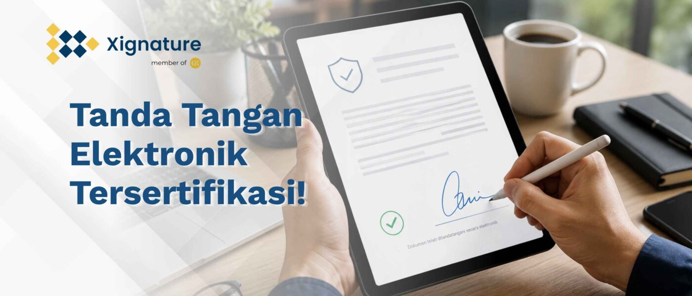 Ilustrasi penggunaan tanda tangan elektronik tersertifikasi pada dokumen digital yang menunjukkan verifikasi identitas resmi dan keamanan tingkat tinggi untuk transaksi bisnis.