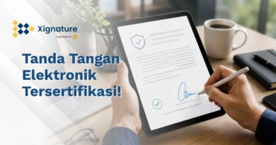 Ilustrasi penggunaan tanda tangan elektronik tersertifikasi pada dokumen digital yang menunjukkan verifikasi identitas resmi dan keamanan tingkat tinggi untuk transaksi bisnis.