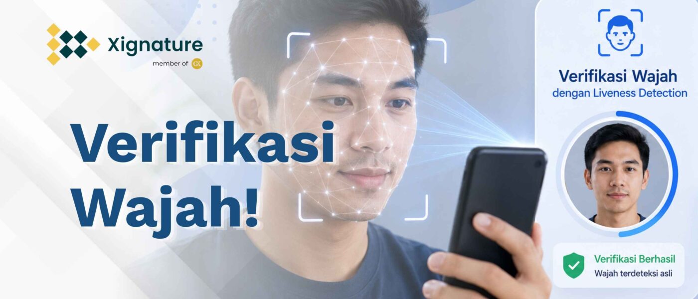Ilustrasi proses verifikasi wajah menggunakan teknologi Liveness Detection pada smartphone dengan pemindaian titik biometrik untuk memastikan wajah pengguna asli dan real-time.