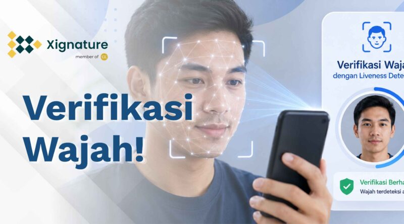 Ilustrasi proses verifikasi wajah menggunakan teknologi Liveness Detection pada smartphone dengan pemindaian titik biometrik untuk memastikan wajah pengguna asli dan real-time.