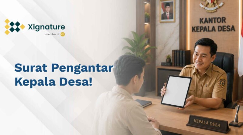 Seorang Kepala Desa berseragam dinas resmi tersenyum ramah sambil menunjukkan layar tablet digital kepada seorang warga di dalam Kantor Kepala Desa sebagai ilustrasi digitalisasi pelayanan surat pengantar.